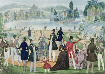 Placa de moda representando &39;Summer Fashions for 1844&39;, publicado pela B.Read und Co., 1844 (acquatint no papel)